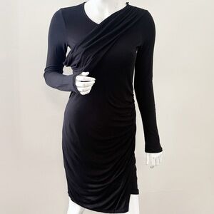 AllSaints Tundra Black Long Sleeve Mini Dress w Ruched Details & Sash